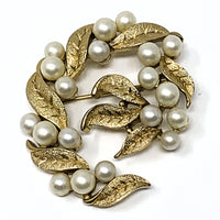 Crown Trifari Imitation Pearl Gold Tone Leaf Brooch