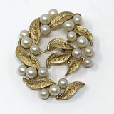 Crown Trifari Imitation Pearl Gold Tone Leaf Brooch