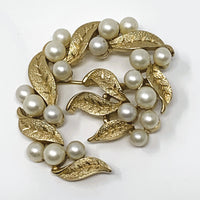 Crown Trifari Imitation Pearl Gold Tone Leaf Brooch