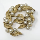 Crown Trifari Imitation Pearl Gold Tone Leaf Brooch
