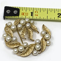 Crown Trifari Imitation Pearl Gold Tone Leaf Brooch