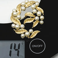 Crown Trifari Imitation Pearl Gold Tone Leaf Brooch