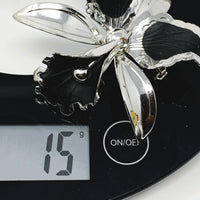 Silver Tone Black Enamel Large Orchid Brooch