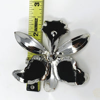 Silver Tone Black Enamel Large Orchid Brooch