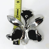 Silver Tone Black Enamel Large Orchid Brooch