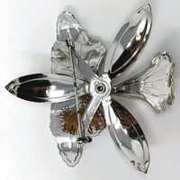 Silver Tone Black Enamel Large Orchid Brooch