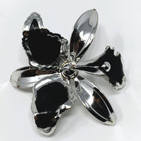 Silver Tone Black Enamel Large Orchid Brooch