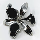 Silver Tone Black Enamel Large Orchid Brooch