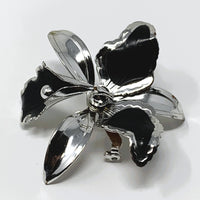 Silver Tone Black Enamel Large Orchid Brooch