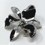Silver Tone Black Enamel Large Orchid Brooch