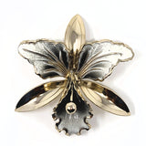 Silver Tone Grey White Enamel Large Orchid Brooch