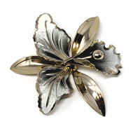 Silver Tone Grey White Enamel Large Orchid Brooch