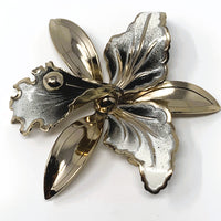 Silver Tone Grey White Enamel Large Orchid Brooch
