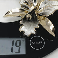 Silver Tone Grey White Enamel Large Orchid Brooch