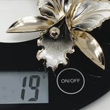 Silver Tone Grey White Enamel Large Orchid Brooch