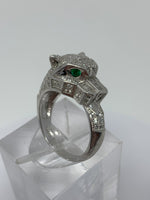 Effy Panther Statement Ring Sterling Silver 925 Pave Diamonds and Tsavorite Eyes Size: 7.75