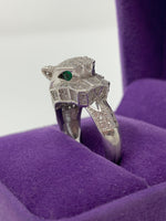 Effy Panther Statement Ring Sterling Silver 925 Pave Diamonds and Tsavorite Eyes Size: 7.75