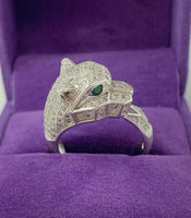 Effy Panther Statement Ring Sterling Silver 925 Pave Diamonds and Tsavorite Eyes Size: 7.75