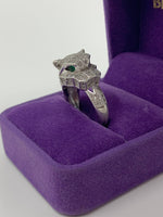 Effy Panther Statement Ring Sterling Silver 925 Pave Diamonds and Tsavorite Eyes Size: 7.75