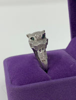 Effy Panther Statement Ring Sterling Silver 925 Pave Diamonds and Tsavorite Eyes Size: 7.75