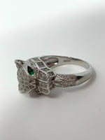 Effy Panther Statement Ring Sterling Silver 925 Pave Diamonds and Tsavorite Eyes Size: 7.75