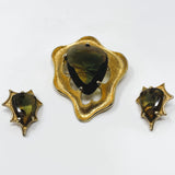 Corocraft BSK Gold Tone Watermelon Glass Statement Brooch and Clip-On Earrings