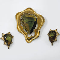 Corocraft BSK Gold Tone Watermelon Glass Statement Brooch and Clip-On Earrings