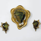 Corocraft BSK Gold Tone Watermelon Glass Statement Brooch and Clip-On Earrings