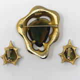 Corocraft BSK Gold Tone Watermelon Glass Statement Brooch and Clip-On Earrings