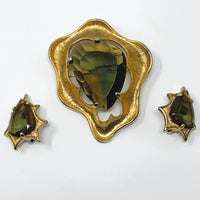 Corocraft BSK Gold Tone Watermelon Glass Statement Brooch and Clip-On Earrings
