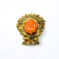 Boucher Lion Coral Color Lucite Head Gold Tone Brooch