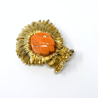 Boucher Lion Coral Color Lucite Head Gold Tone Brooch