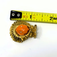Boucher Lion Coral Color Lucite Head Gold Tone Brooch